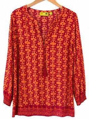 Rock Flower Paper Tunic Blouse L Red Orange Boho Geometric 100% Viscose India